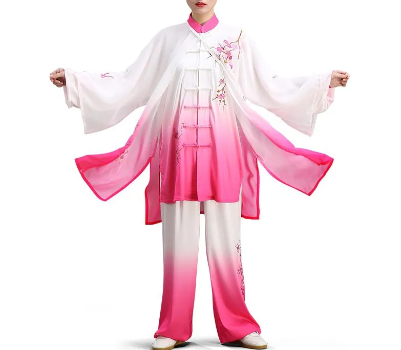 unisex 3pcs/set Tai chi uniforms taijiquan suits veil embroidery Lotus wushu martial arts clothing gradient green/pink