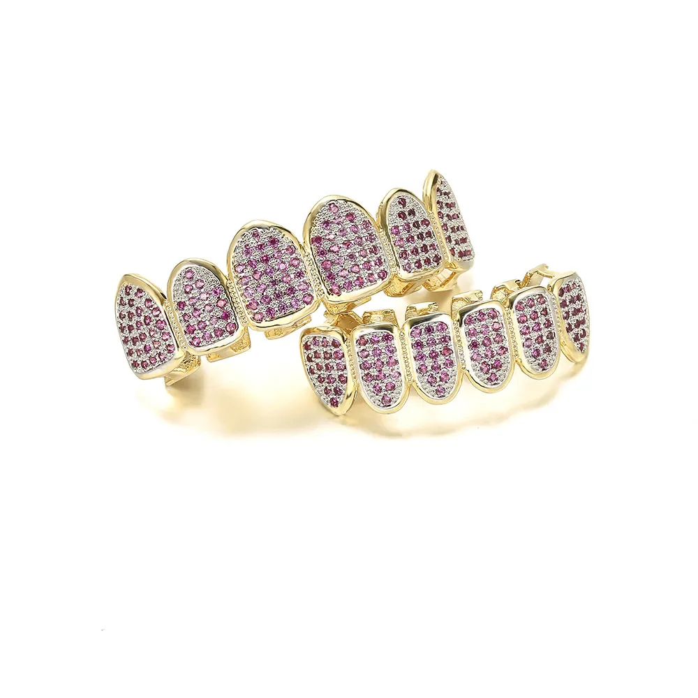 Accessori per feste cosplay hiphop CZ Crystal Bio Rame Oro Denti Grillz Caps Top & Bottom con ciondolo croce nera rossa_voghion.com