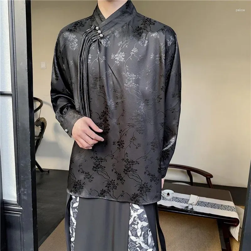 メンズカジュアルシャツsyuhgfa男性中国語スタイルVネックシングル胸長長袖2024春の夏ファッション