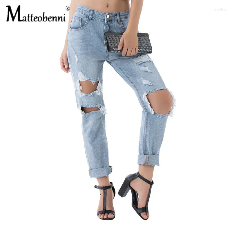 Jeans femminile 2024 Summer Woman High Waist Knee Rested Hole Pants Speed Street Denim Casual Straight Long Long