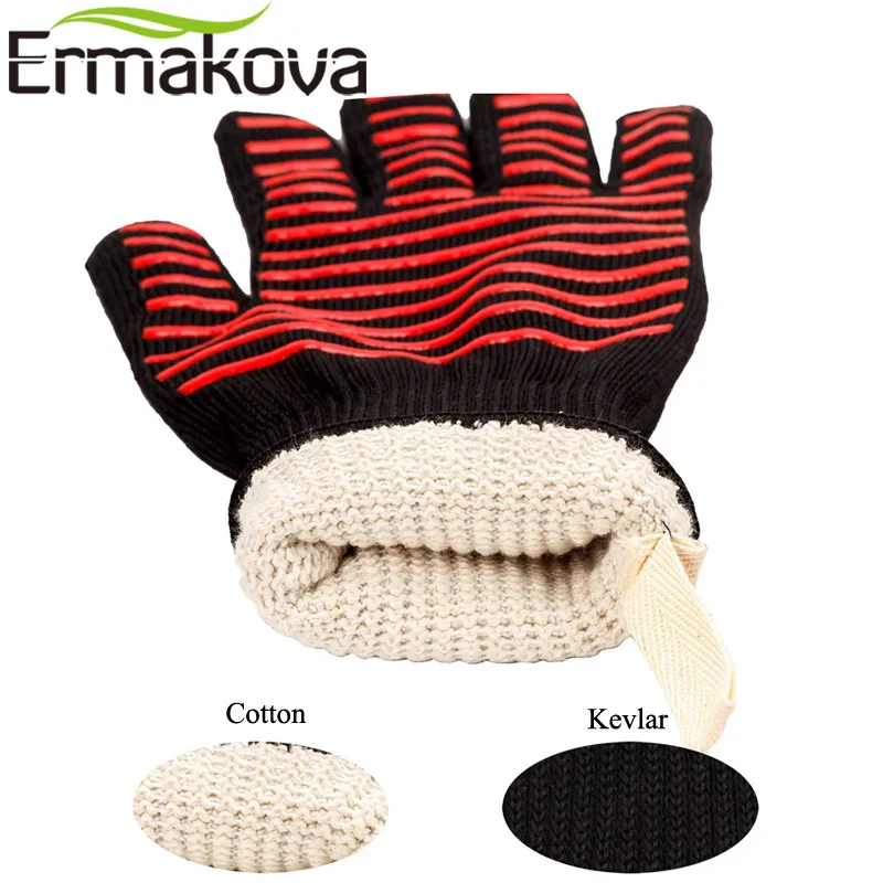 ERMAKOVA BBQ Gloves Heat Resistant Grill Gloves Non-slip Silicone Coated Pot Holders Oven Mitts Cooking Baking BBQ Grilling Tool