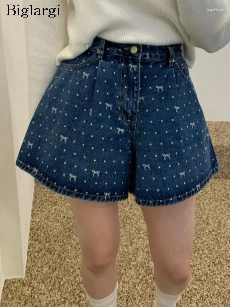 Kvinnors shorts jeans sommar bow polka prick mini denim kvinnor koreansk stil lös veckade damer byxor modis hög midja kvinna kort