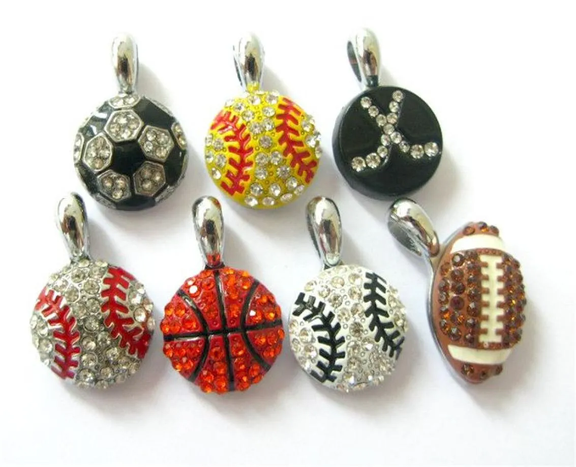 10pcs Mix Styles Base Basket Football Softball With Rhinestone Hang Pendant Charms 15x15mm Fit DIY BraceletNecklace Key ChainPh5430166