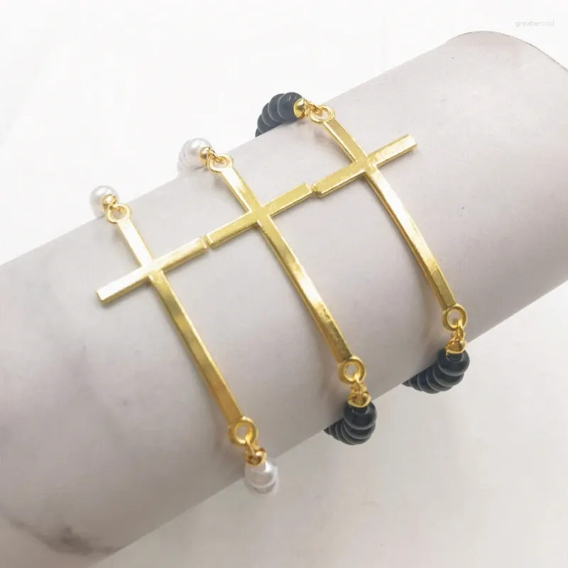 Strand Fashion Simulated Pearls Charm Bracelet For Women Splicing Black Beads Pearl Female Gold Color Cross Jewelry Gift