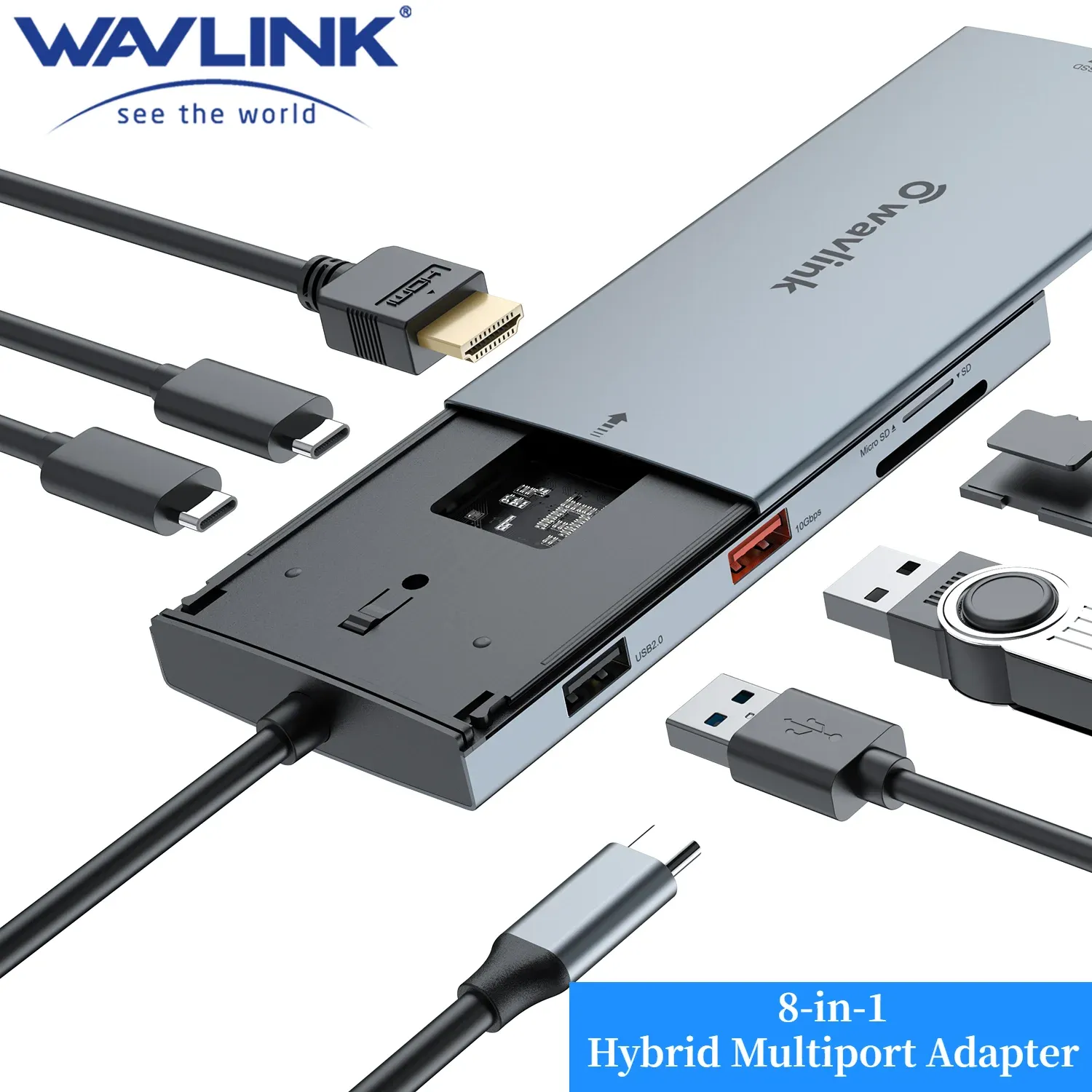 Hubs Wavlink Multifonctional USBC Hub avec m.2 nvme / sata ssd enclosure 8in1 Adaptateur multiport hybride pour Windows, Mac OS