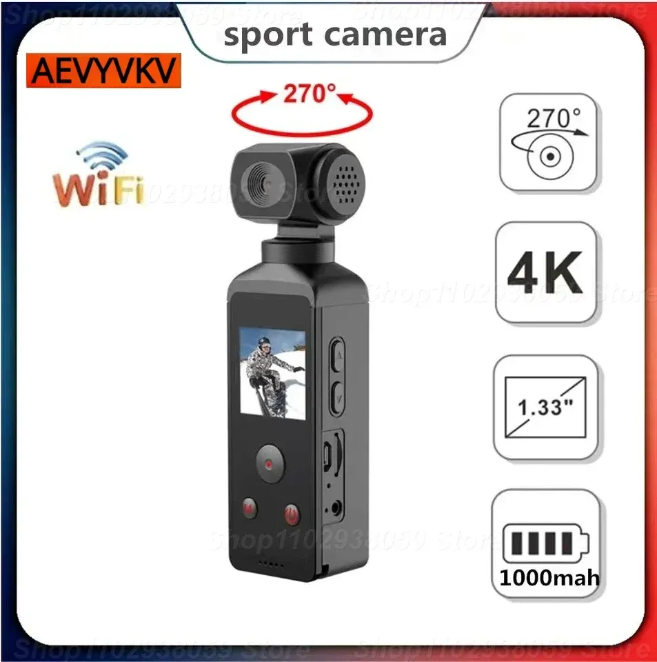 Kameror 4K Ultra HD Pocket Action Camera 270 ° Rotertable Vlog WiFi Mini Sports Cam Waterproof Case Helmet Travel Bicycle Driver Recorder