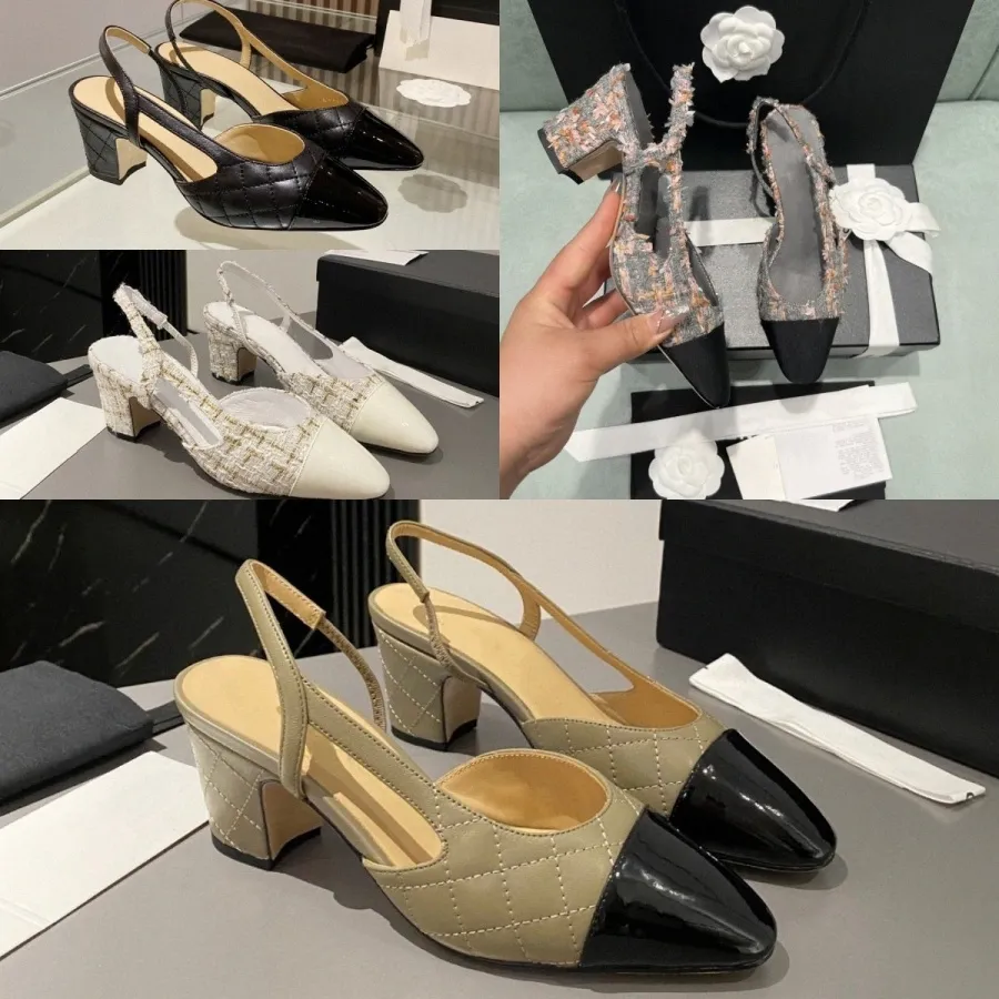 Damskie sukienki Zamknięte palce sandały 100% oryginalna skórzana pompa slingback EU35-41 Kobiety płócien Tweed Summer Grosgrain Luksusowe sandały tylne V5S0#