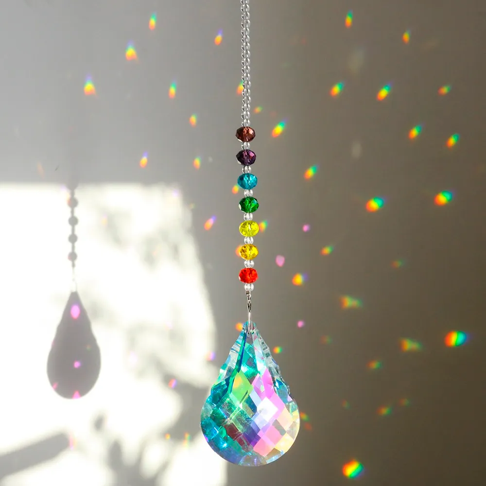 HD Chakra Crystal Suncatcher med 76mm Ab Gourd Prism tappar regnbåge Maker Craft Chain Hanging Window Prydnad Hem Trädgårdsdekor