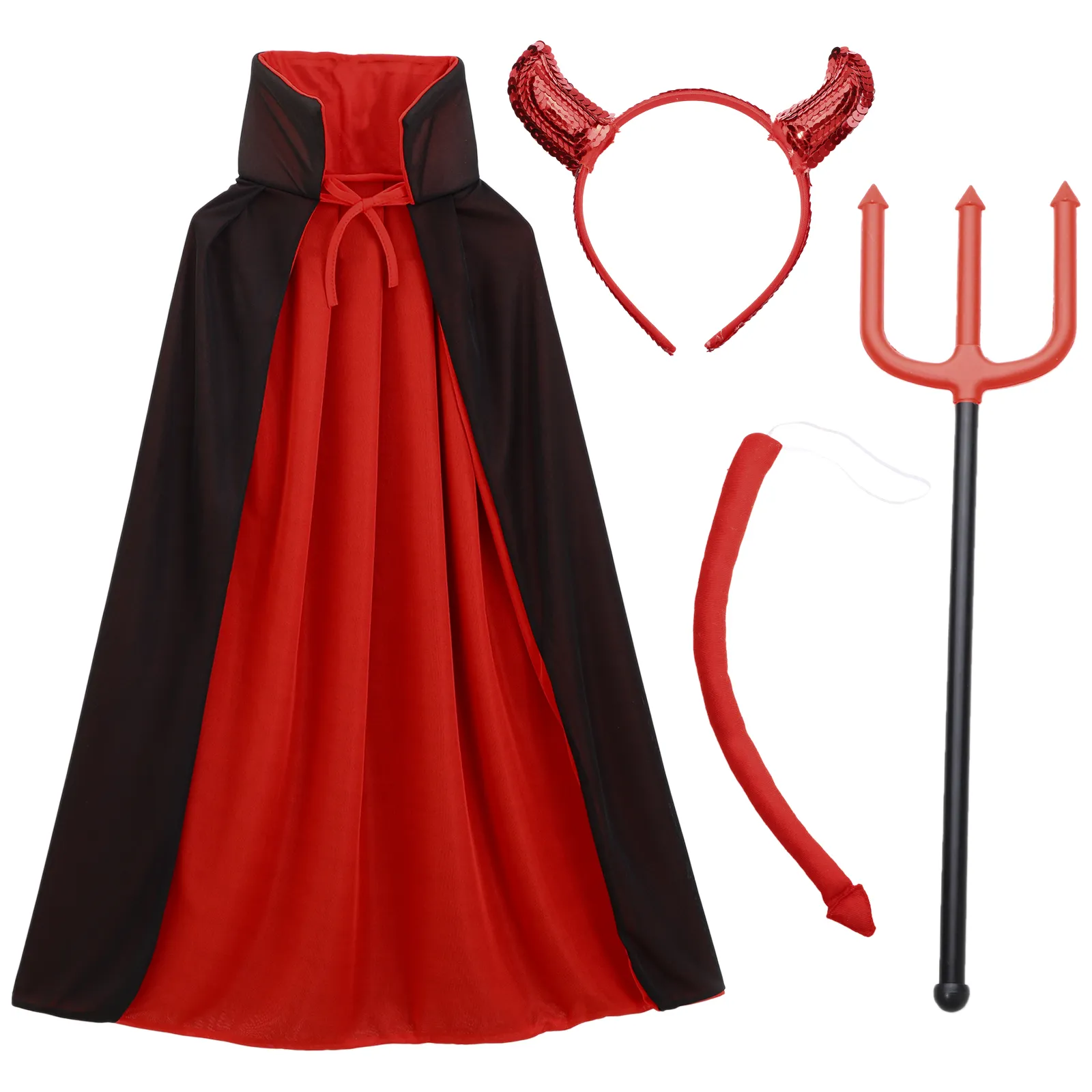 Reversible Devil Costume Set: Black & Red Cloak, Trident, Horns & Tail ...
