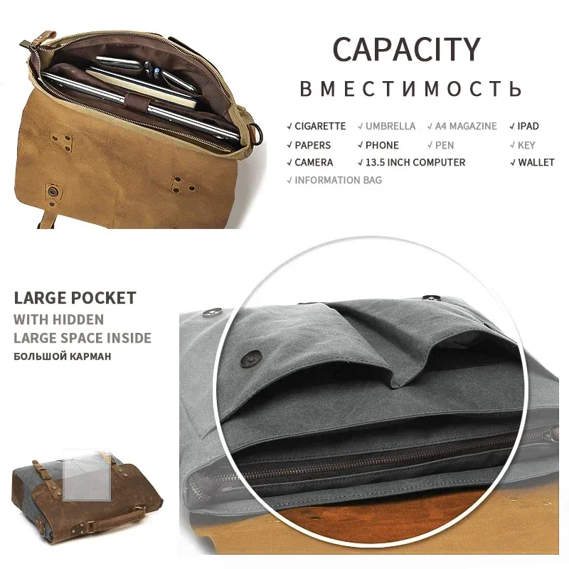 Markroyal Vintage Crazy Horse Leather Canvas Messenger Bags Laptop Portfölj Crossbody Satchel Bag Dropshipping