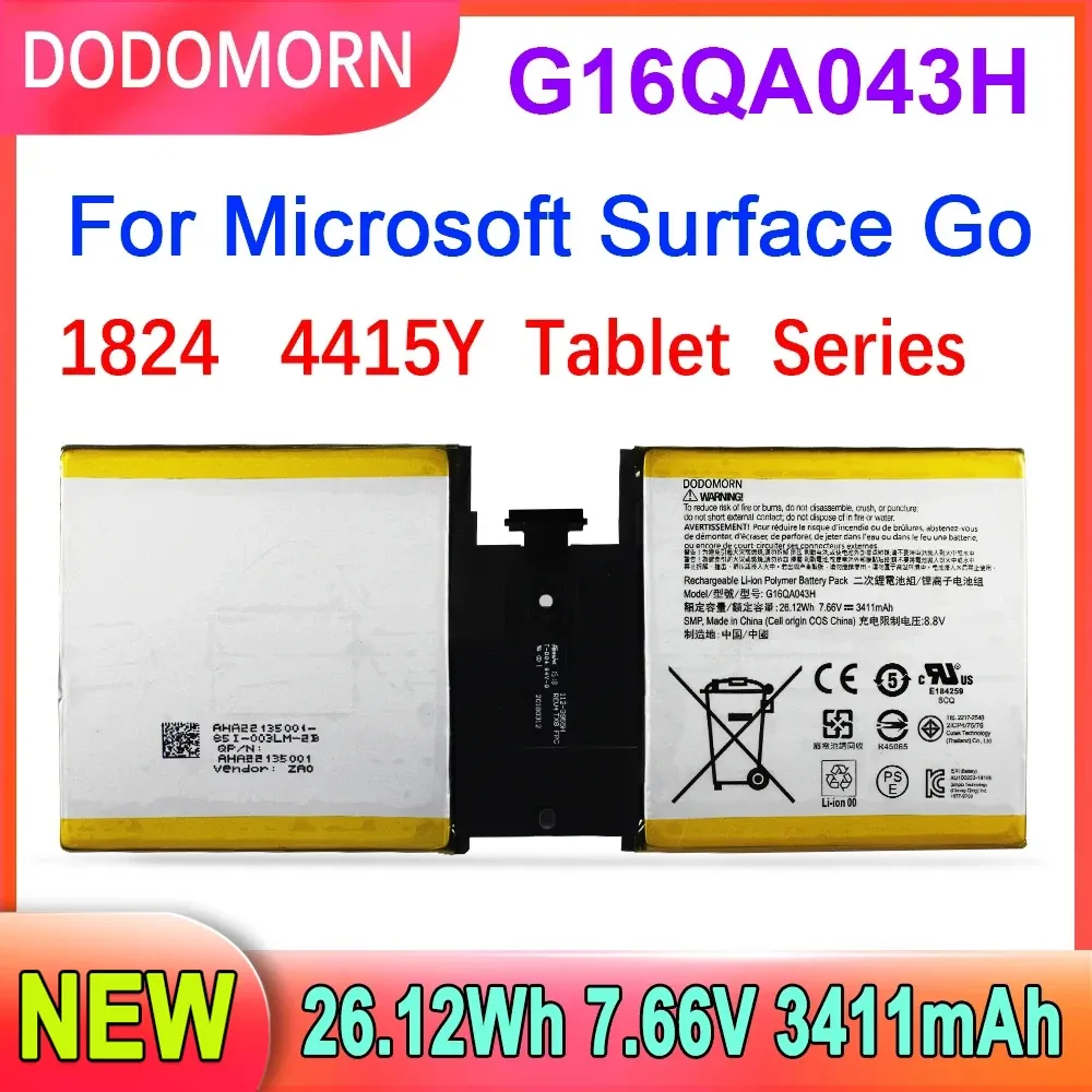 Batteries DODOMORN NOUVEAU G16QA043H 2ICP4 / 76/76 Batterie d'ordinateur portable pour Microsoft Surface Go 1824 4415y Tablet PC 26.12Wh 3411mAh 7.66V