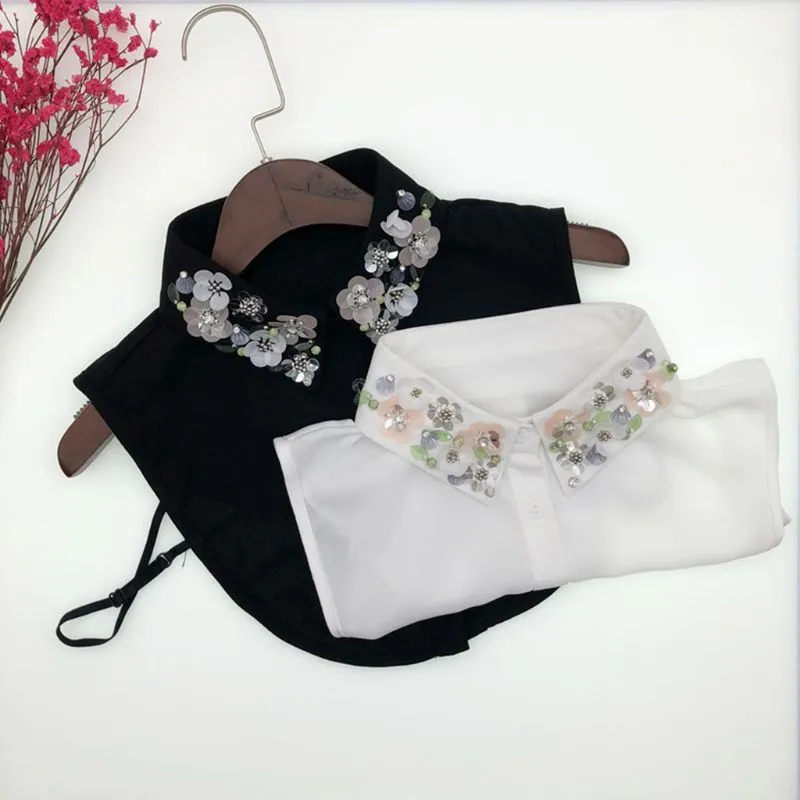 New Womens Detachable Blouse False Collar Handmade Beading Rhinestone Sequins Flower Lapel Adjustable Half-Shirt Necklace