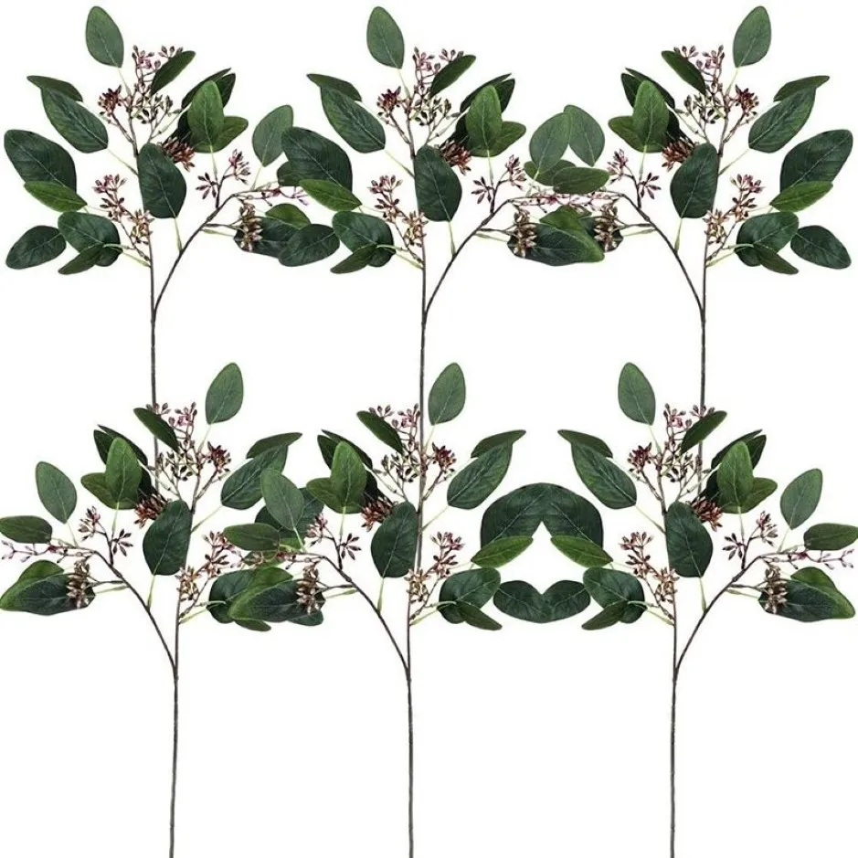 6 PCs Faux ausgesättet Eukalyptus Spray Grüne künstliche Blattgrün Frühlingsstämme für Blumenarrangements233f