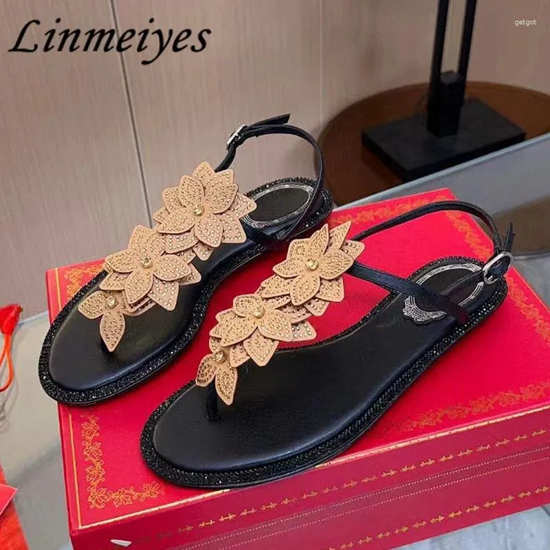 Sandals 2024 Flat Women Rhinestone Flower Runway Party Shoes Flip Flops Summer Holiday Beach Woman