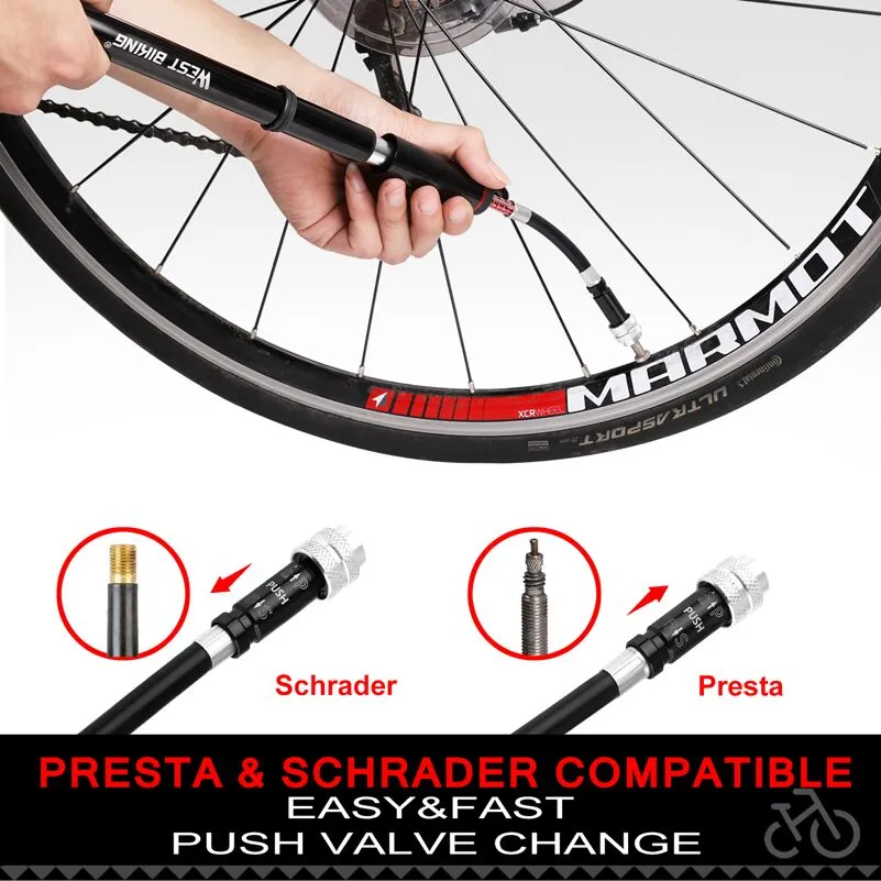 WEST BIKING Aluminum Alloy Bicycle Pump 120 PSI Bike Air Pump Schrader Presta Valve For MTB Road Bicycle Tire Inflator Bike Pump