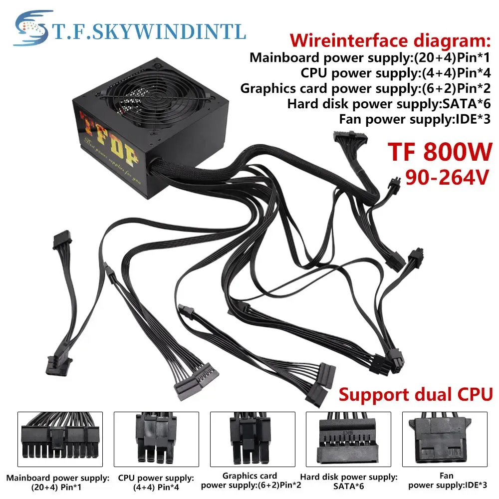 Supplies 12V 800W Fonte de alimentação PC PC PC Fonte de alimentação PFC Silent Fan ATX 20+4pin PC Computador SATA Gaming