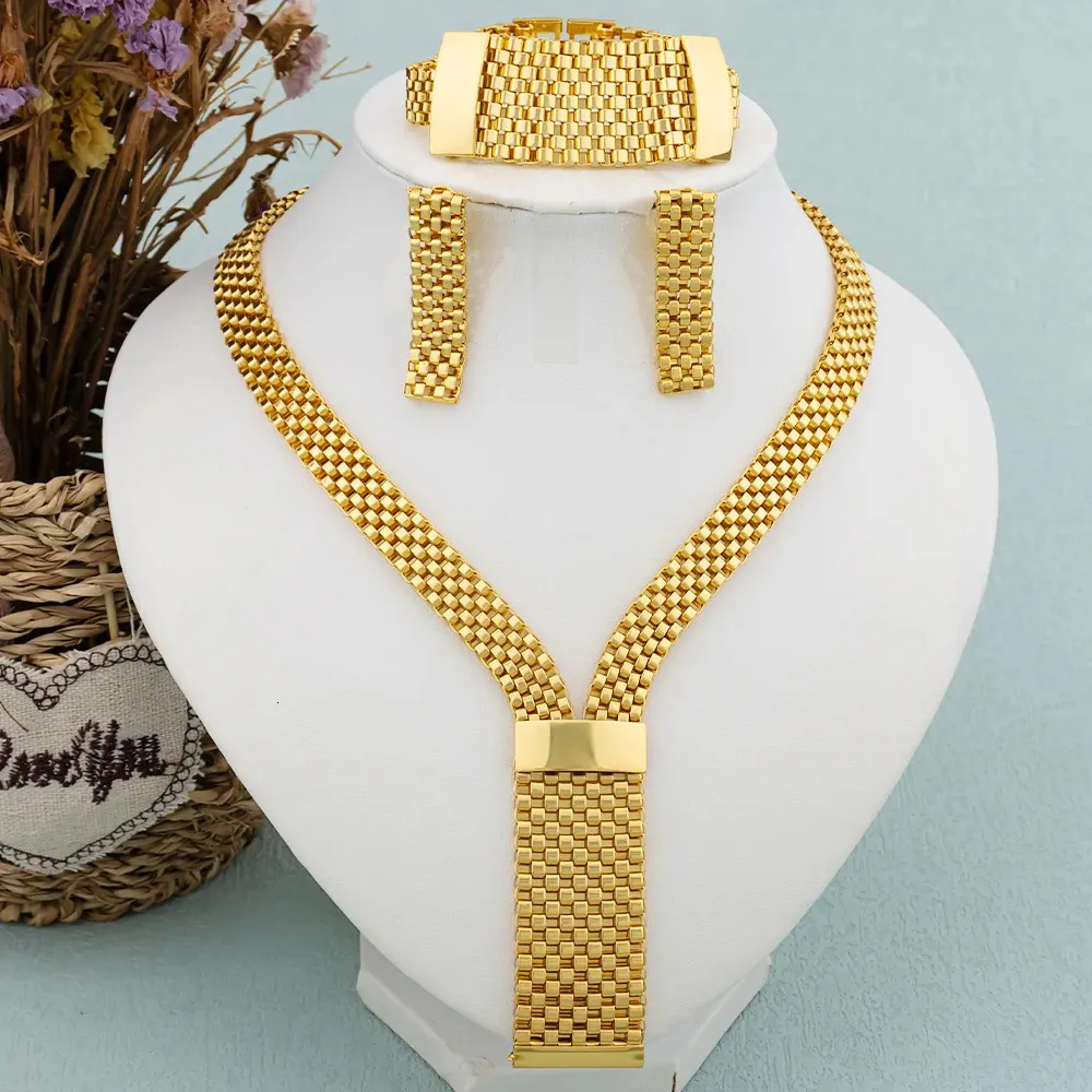 Gouden kleur drop oorbellen ketting set mode dames dubai African Luxury Geometric Earrings Bracelet Italië Huwelijksfeest sieraden 240315