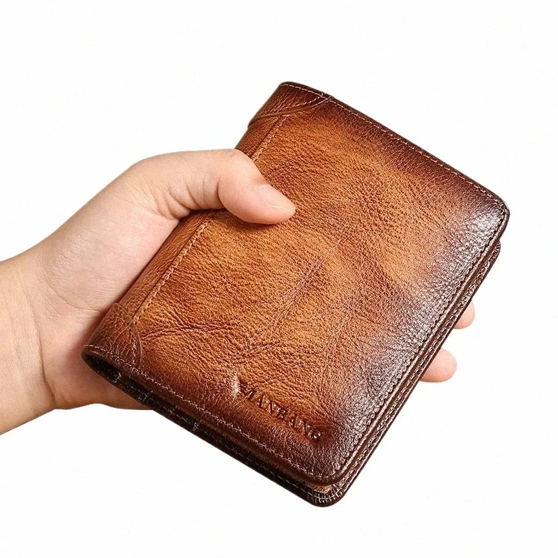 Manbang Hot Genuine Leather Men Wallet Small Mini Card Solter Male carteira bolso de bolso retrô de alta qualidade 06h3#