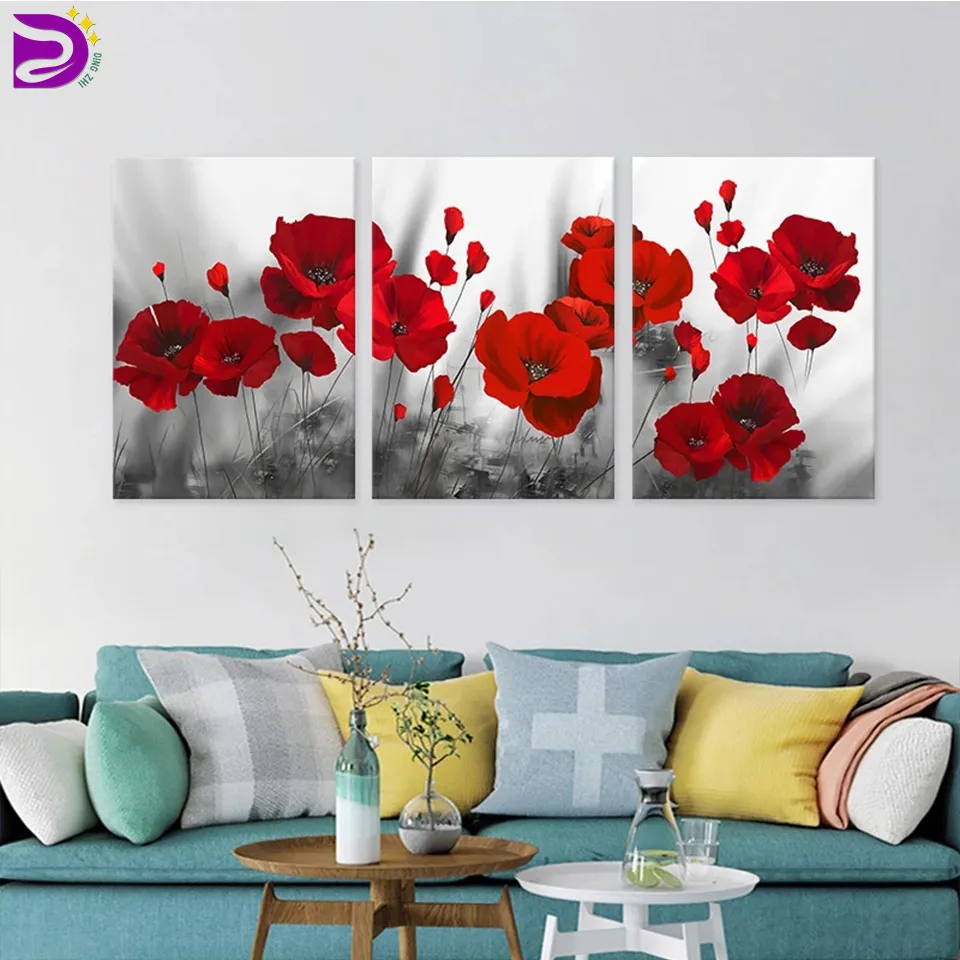 3-Piece Red Poppy Diamond Painting Kit - Full Square/Round Drill ...