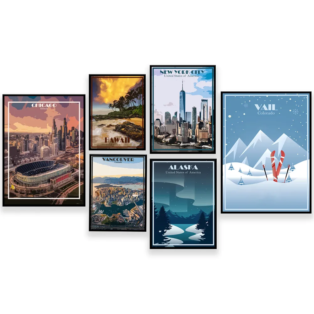 하와이, 호놀룰루, 뉴욕, 라스 베이거스, 밴쿠버 캐나다 시카고 일리노이, 알래스카, 베일 콜로라도 스키 리조트 여행 빈티지 포스터