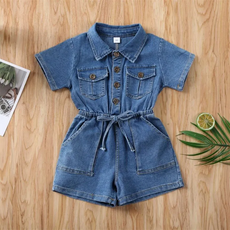 Toddler Girls Denim Romper: Summer Cotton Jumpsuit with Belt from
