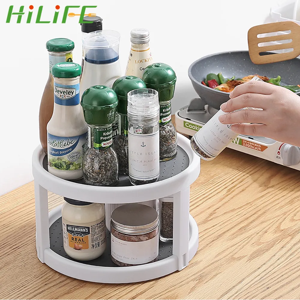 Hilife Condiment Storage Rack Rotating Organizer Round Shelf Spice Rackキッチンストレージトレイパントリーキャビネットターンテーブル