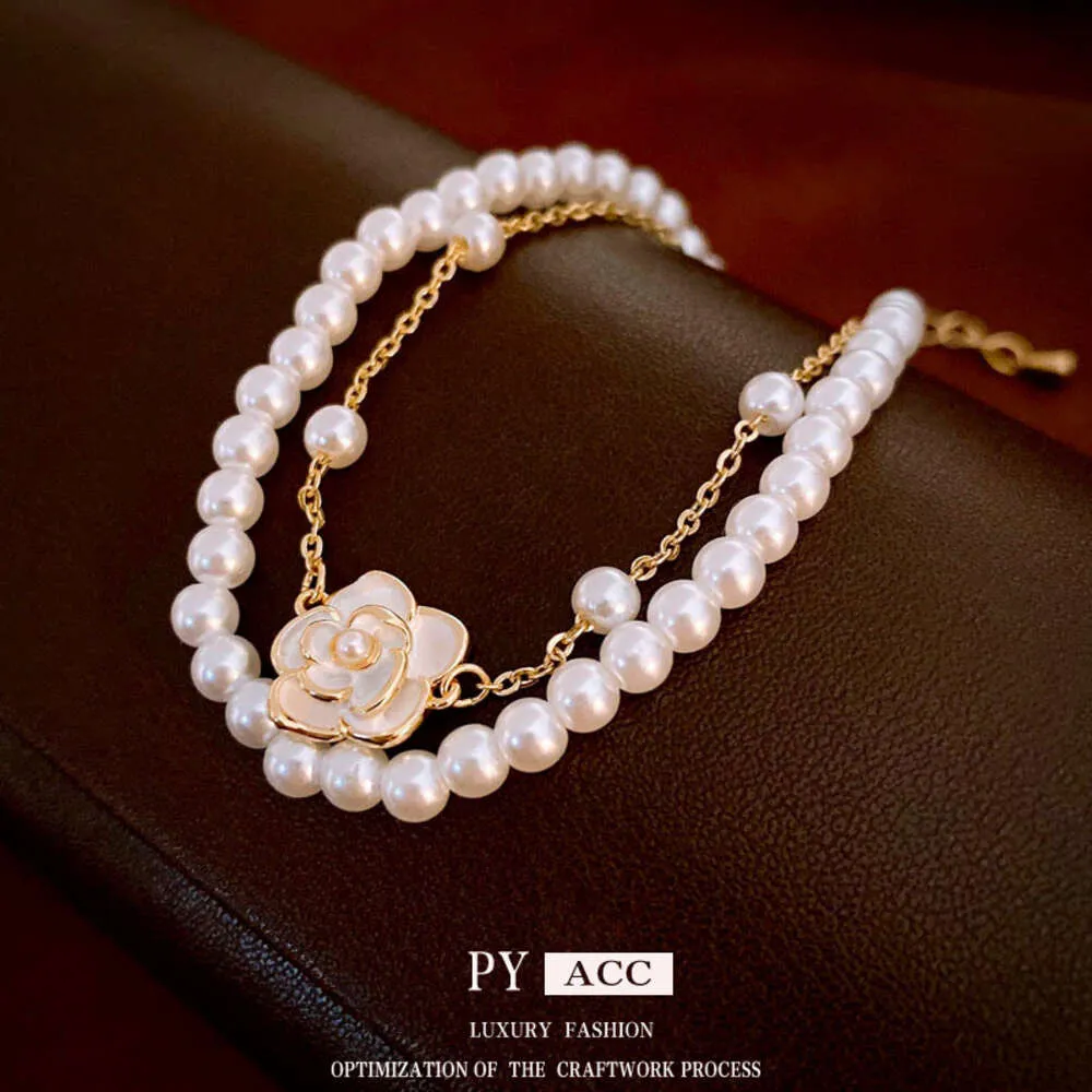 Real Gold Electroplated Drip Oil Camellia Talk Pearl Double Layer French Style Bracelet New Versatile Handpiece