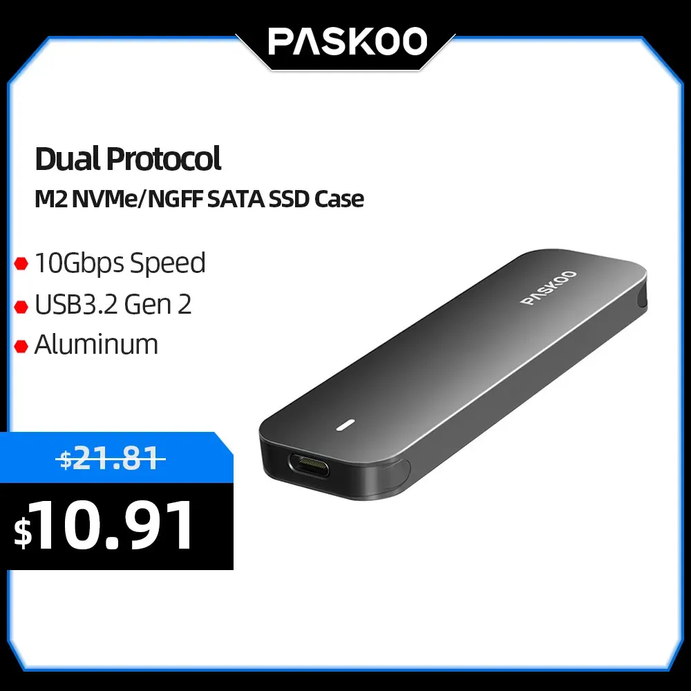 Behuizing Paskoo USB3.2 Gen2 Dubbel protocol M2 NVME/NGFF SATA SSD Case 10GBPS Externe behuizing Aluminium M.2 NVME Solid State Drive