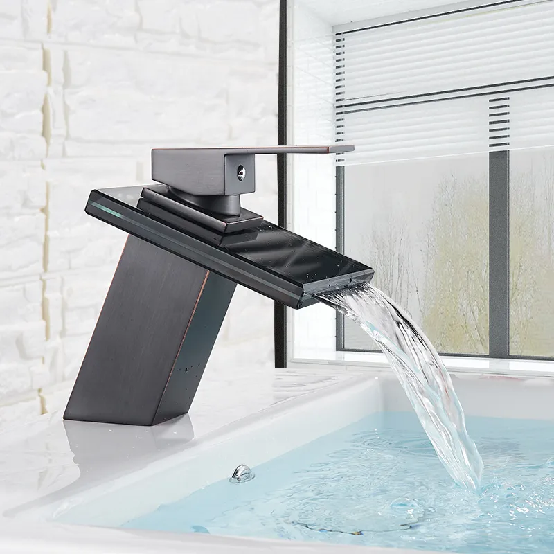 Rozin LED Light Basin Faucet Black Bronze Waterfall Bathoell Sink Faucetsデッキマウントシングルハンドルホットコールドウォーターミキサータップ