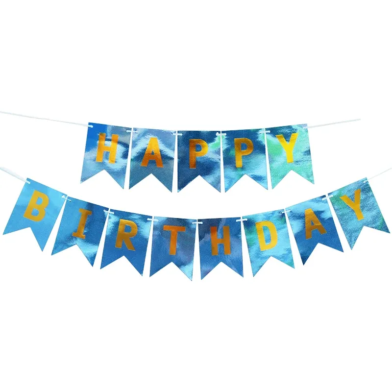 Happy Birthday Banner Mirror Gold Silver Red Blue Happy Birthday Bunting Garland Flags Photo Booth Baby Shower Decoration