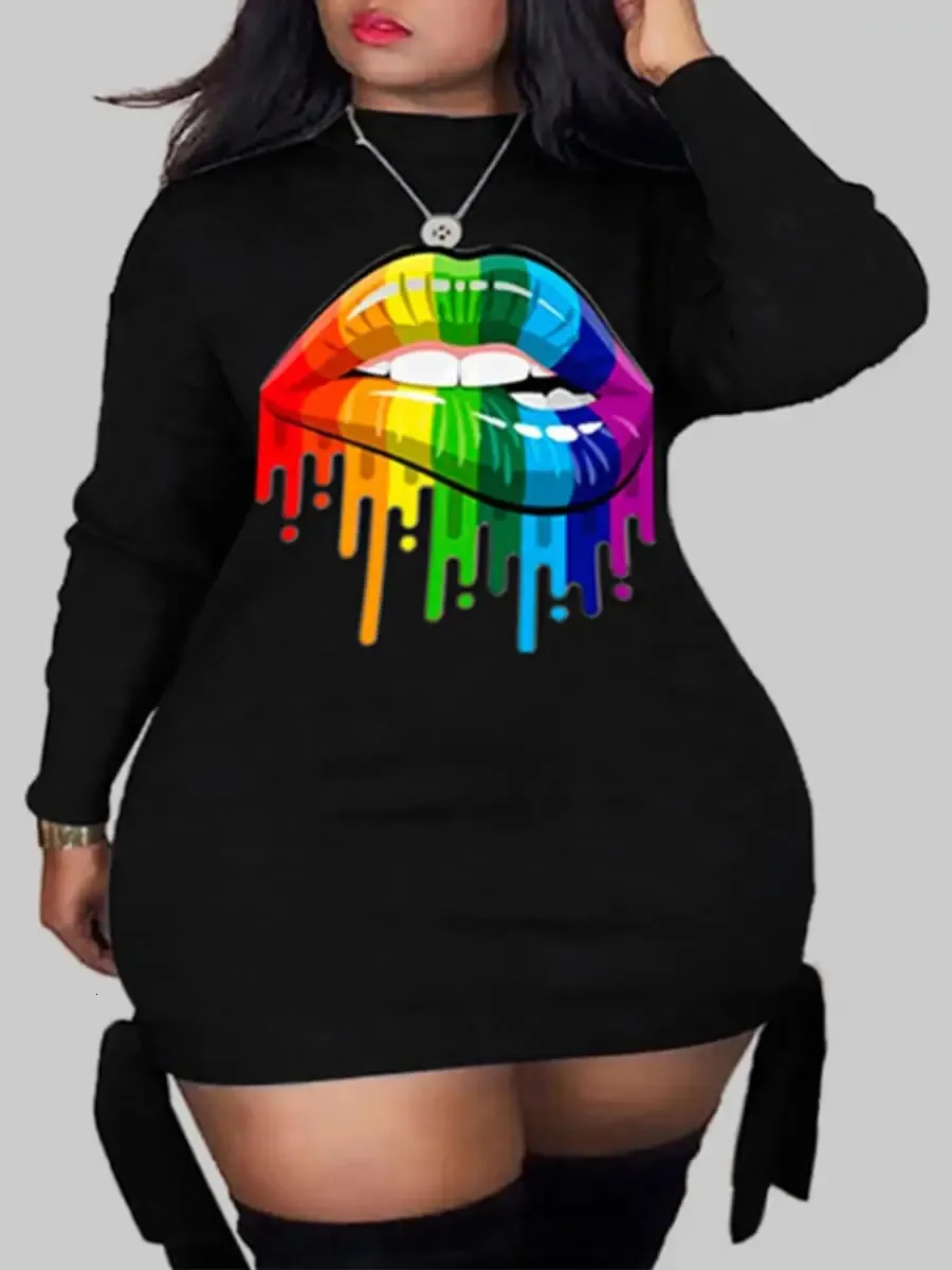 LW Plus Size Lip Print Vendage Disk Hoodies for Women Autumn Winter Ladies Streetwear 240410