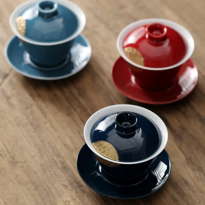 170 ml Blad Gilding Blue Outline In Gold Teureen Water Mugg Tea Bowl Kung Fu Gaiwan Travel Porcelain Teapot Office Drinkware