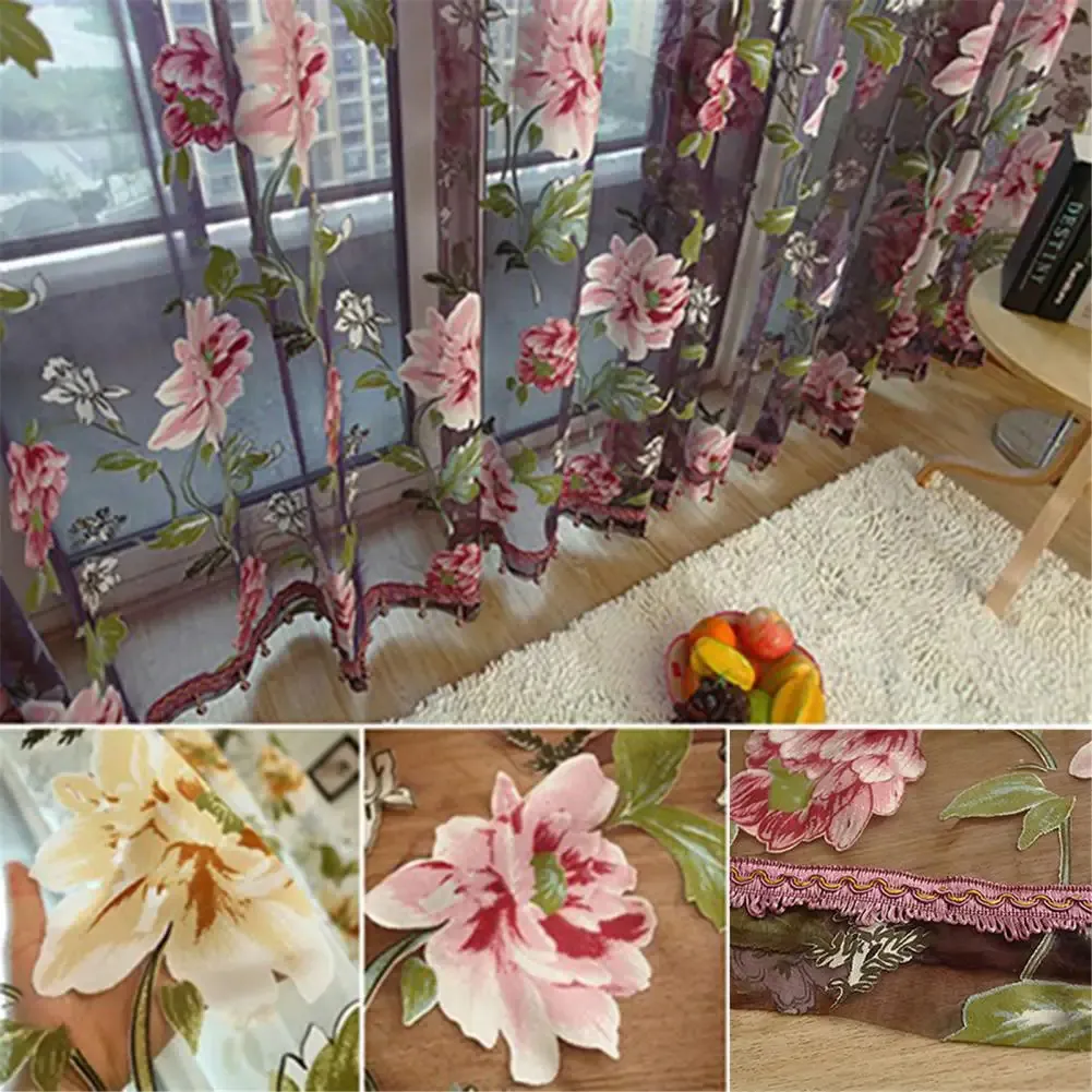 Tulle Sheer Curtain Flower Pattern Valance Drape Polyester Living Room Kitchen Sheer Curtain for Home