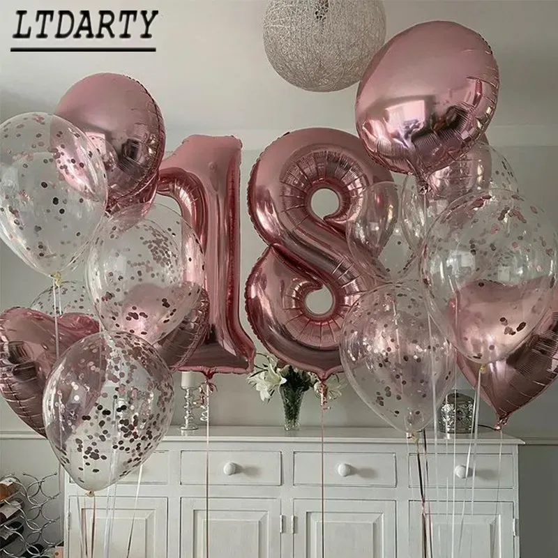 2pcs Ballons de joyeux anniversaire Numéro d'or rose ballons ballons 18e anniversaire décorations de fête enfants adultes 18 ballons d'anniversaire