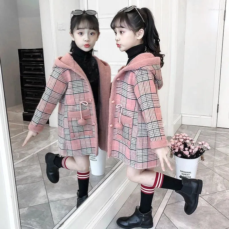 Jackets Autumn Winter Girl Hairy Coat Long Kids Outerwear Toddler Clothing Grid Pattern Padded Warm Jacket 3-12T Single-Breasted Clothes