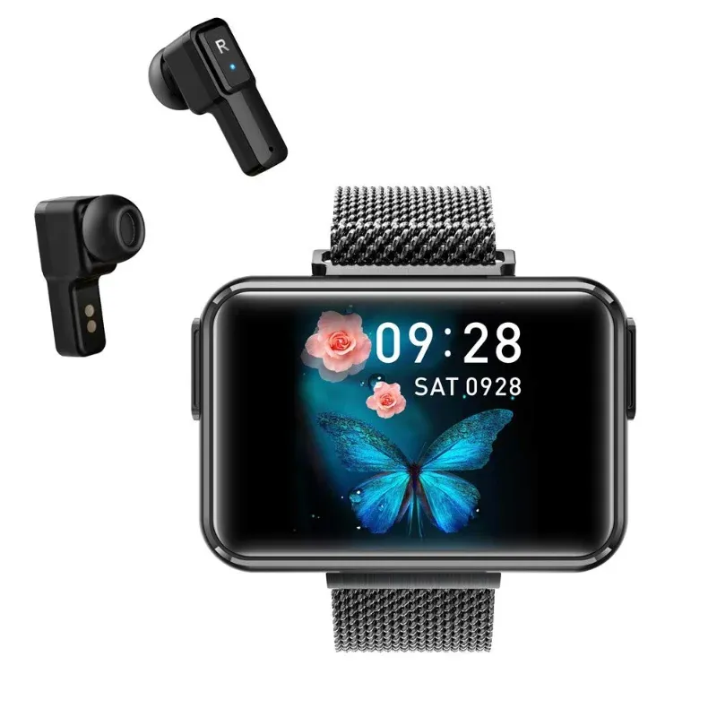 Watches 2 i 1 Smart Watch Wireless Bluetooth Headset 1,4 tum hjärtfrekvens Blodtryck Fitness tracker Earbuds Running Music Watch
