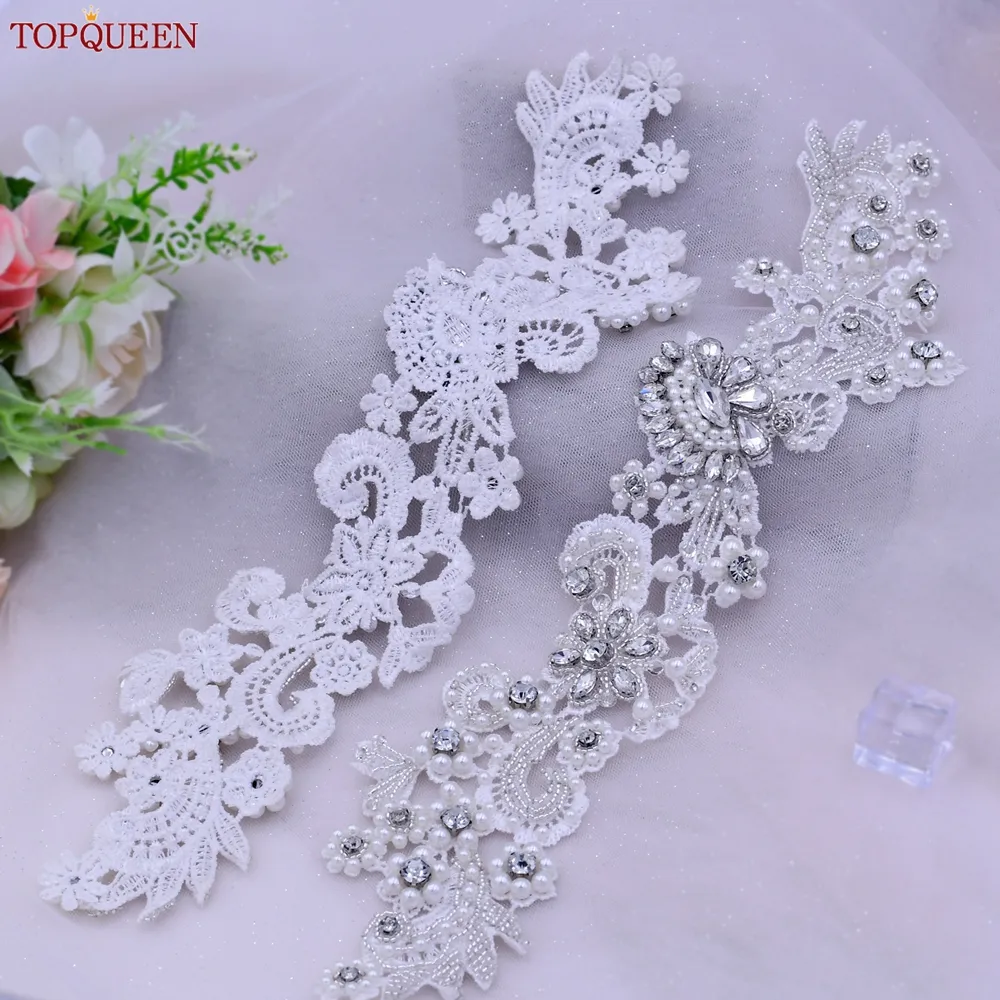 2Pcs Flower Lace Embroidered Appliques – Pearl Embroidered Fabric Patches For Wedding Dresses & DIY Crafts - View #3