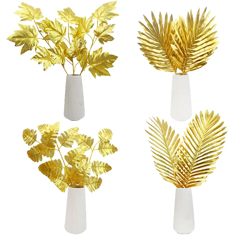5Pcs Gold Artificial Palm Leaves Silk Eucalyptus Leaves Artificial Leaves For Table Decor Wedding Birthday Party Home Decoration