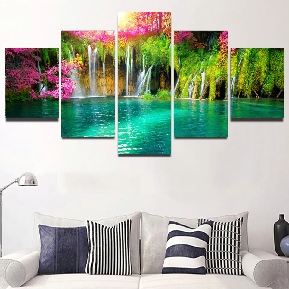 5PCS Landscape Natural Waterfall Canvas Painting Green Tree Lake Leaf Posters and Prints Wall Art Pictures Home Decor No Frame