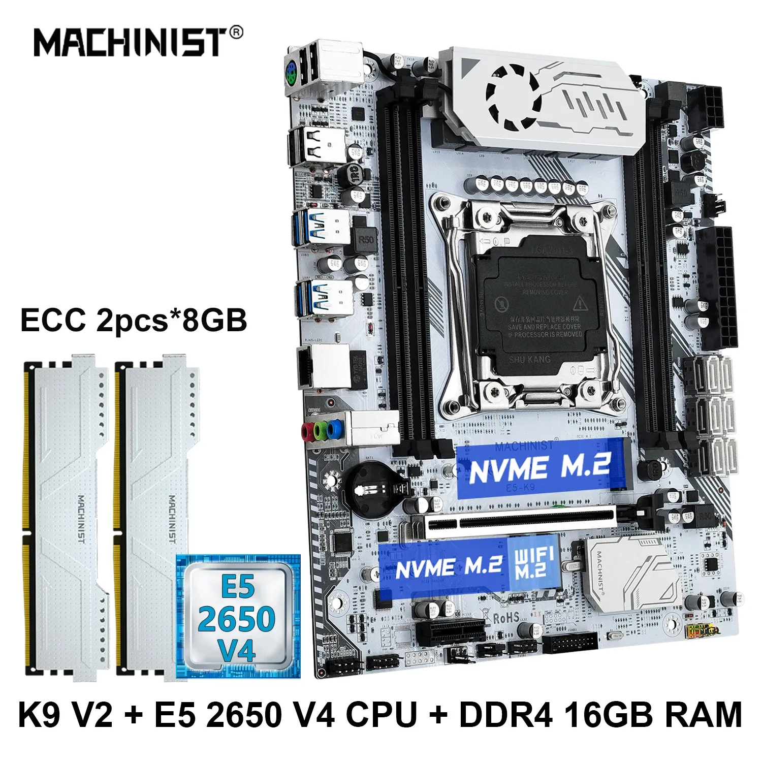 Cartes mères Machinis x99 Set LGA 20113 Kit Xeon E5 2650 V4 Processeur CPU DDR4 8 Go * 2 RAM MEMORY MATX M.2 NVME SSD PCIE3.0 K9 V2
