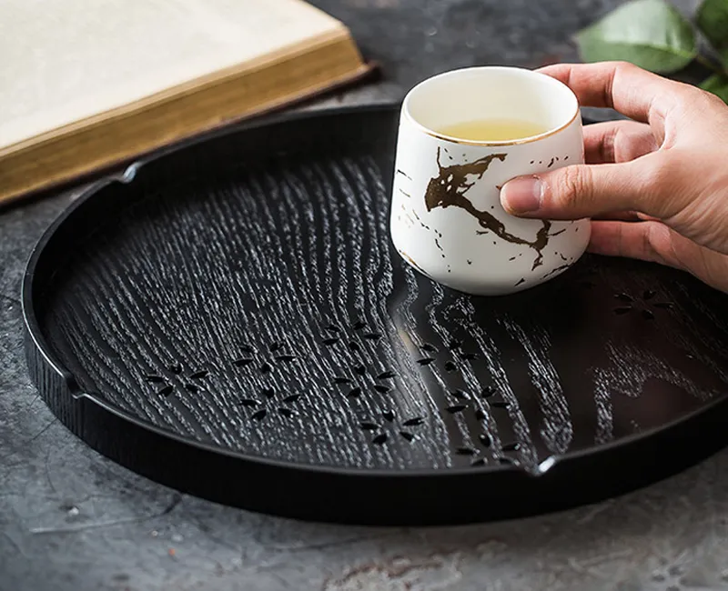 Black Round Wooden Tray Coffee Breakfast Serving Platter Dishes Fruit Plate Vintage Puer Tea Tray Teaware (2)