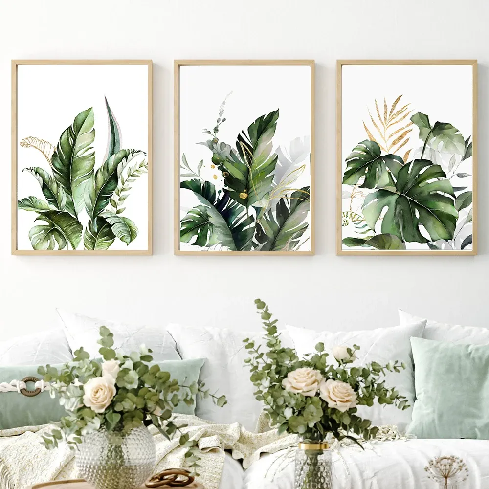 Tropical Botanical Green Leaves Gold Floral Wall Art Canvas Paintings Picture Print Plant Poster For Living Room Home Decoration