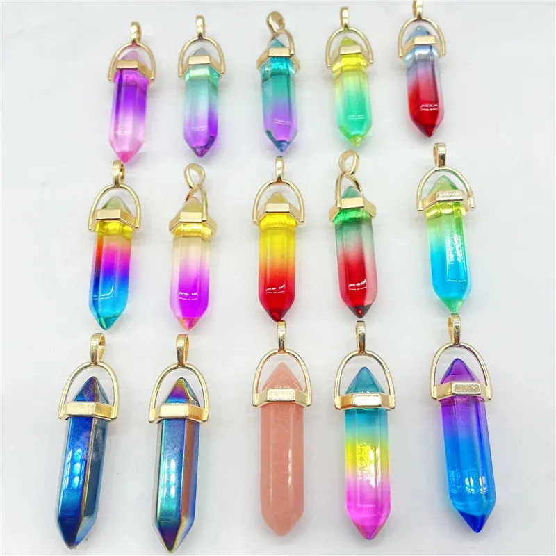 Neues natürliches Edelstein -Stein -Quarz mehrfarbig kristallsexagonales Pendel Reiki Anhänger Charms DIY -Schmuck Making Halsketten 24PCs