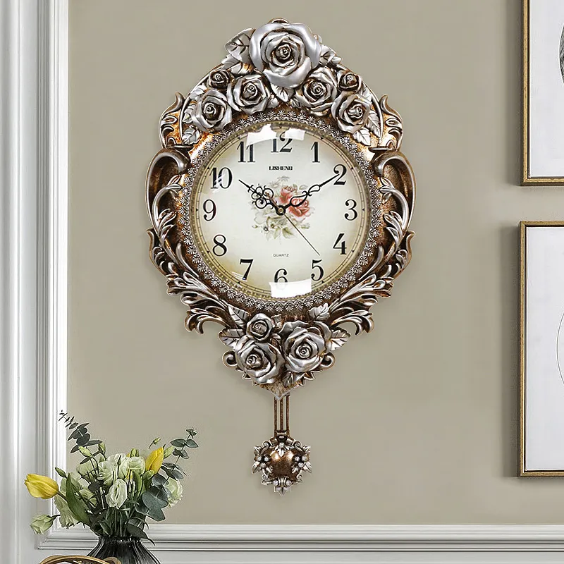 Tuda European Style Silent Flower Canving Large Pendulum Living Room Quartz Clock Slaapkamer Creatieve olifant Swing wandklok