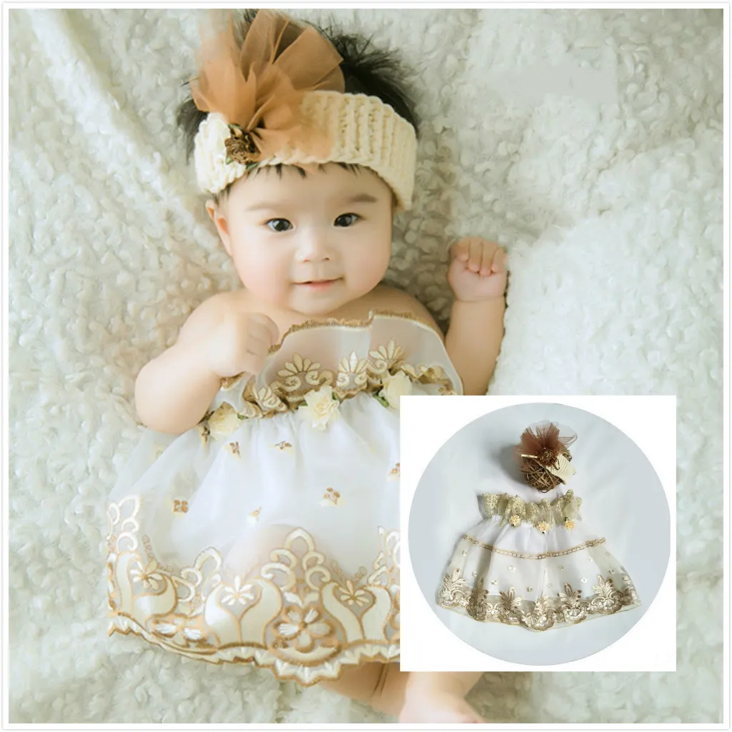 Newborn Baby Girl Dress Gauze Embroidered Skirt Infant headband Baby Shoot Dress Photo Studio Costumes Photography Prop
