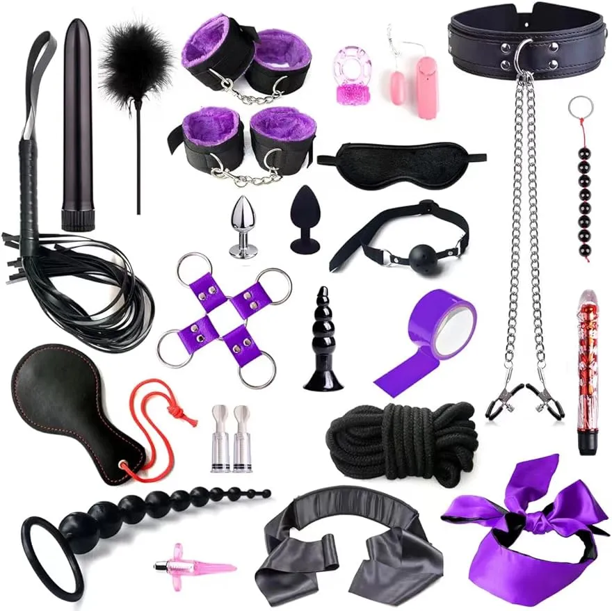 bdsm拘束性玩具25pcボンデージ拘束セット初心者向けのフェチベッド拘束キット、ギャングボールプレイ、バイブレーターマッサージ、ボンデージキットカップルセックス