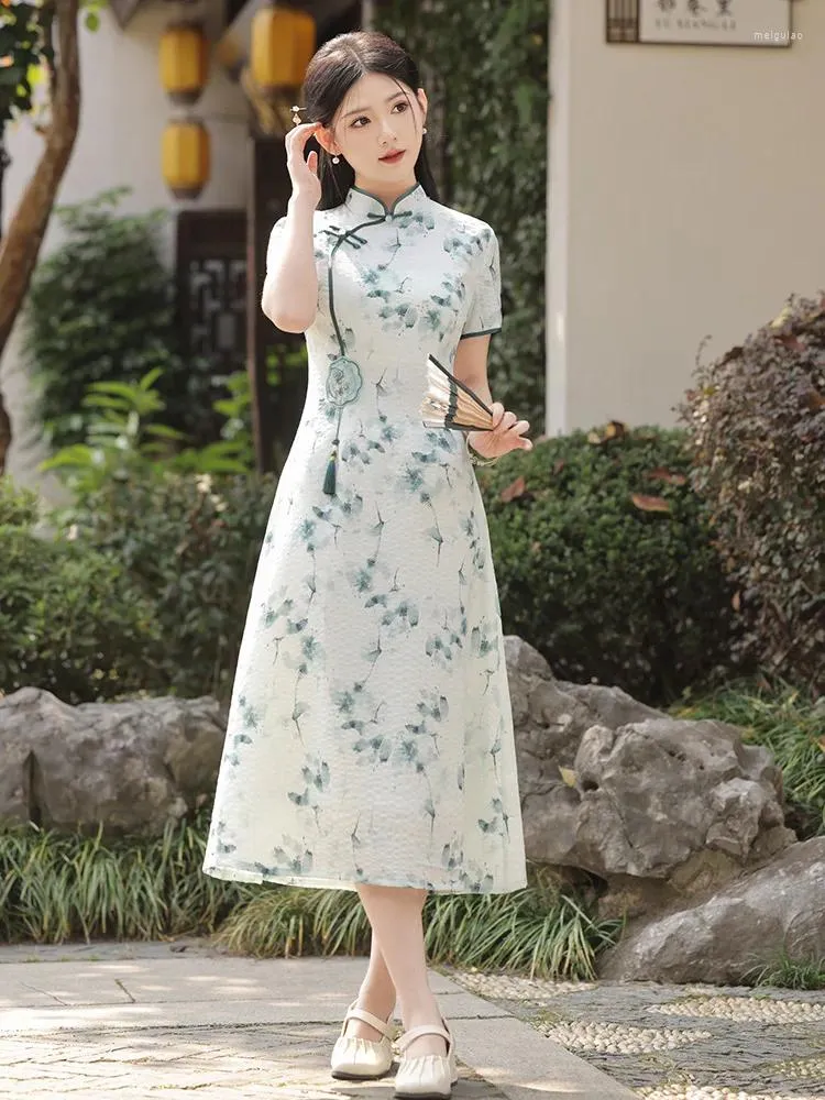 Этническая одежда с коротким рукавом Aodai Cheongsam Вечернее платье китайское стиль вечеринка Qipao Oriental Женские элегантные платья Vestido