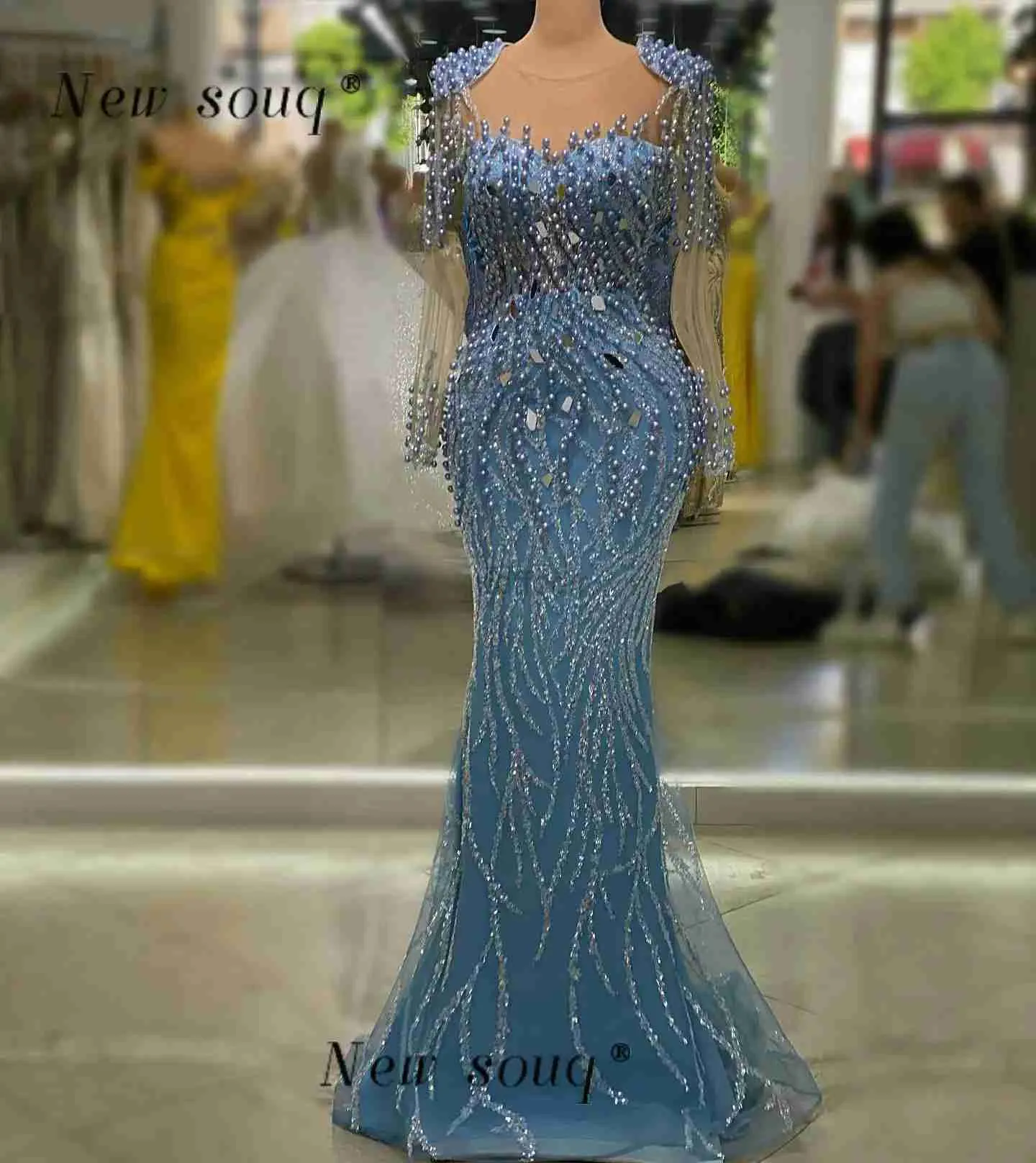 Urban Sexy Dresses African Fashion Blue Pearls Beaded Long Sleeves Evening Dresses Mirror Crystals Award Ceremony Events Gala Party Gowns 240410