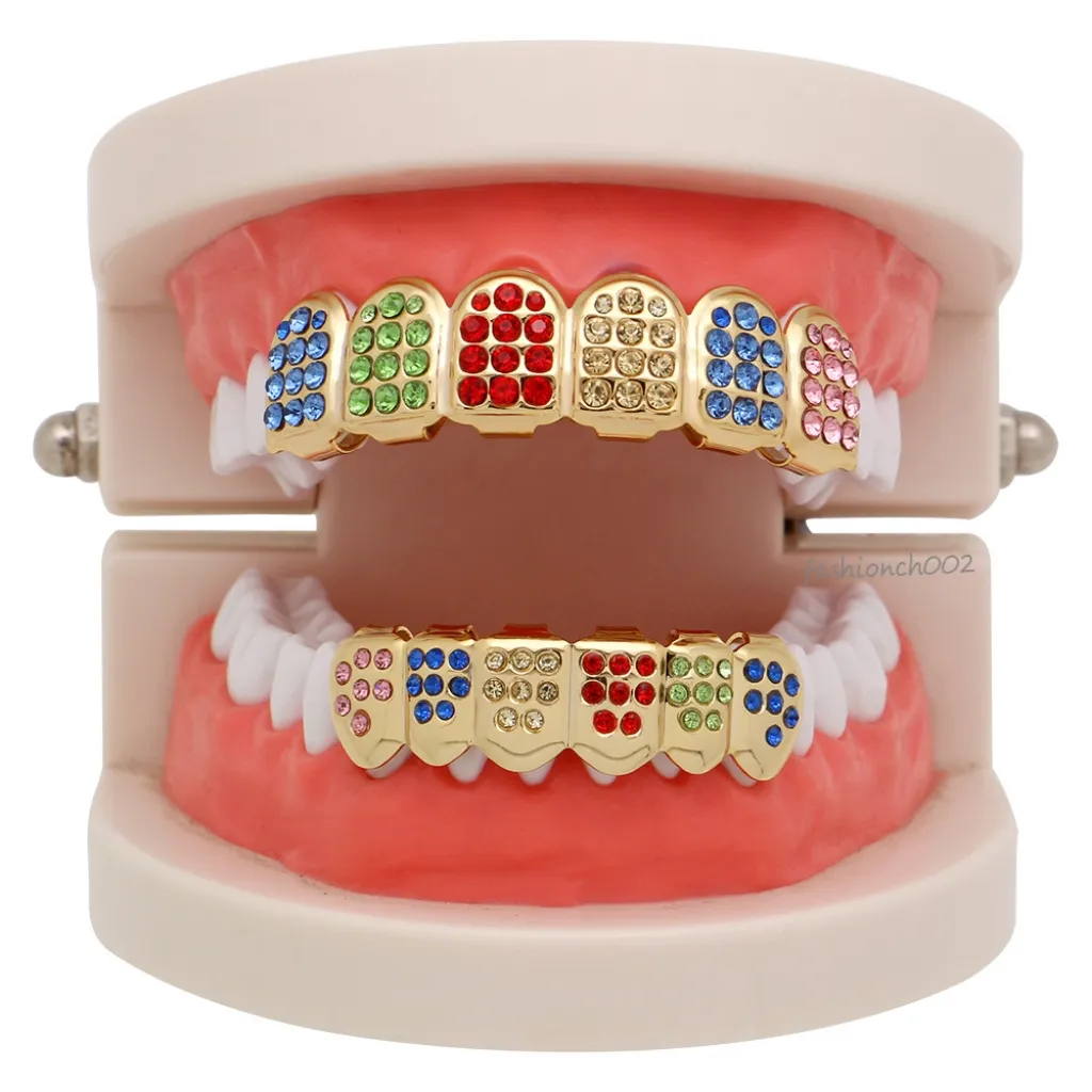 Accessori per feste cosplay hiphop CZ Crystal Bio Rame Oro Denti Grillz Caps Top & Bottom con ciondolo croce nera rossa_voghion.com