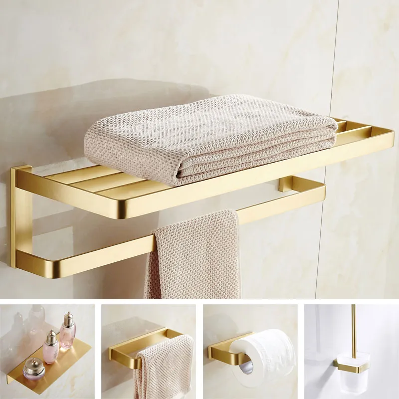 Badkamer accessoires handdoekrek hoekplank papieren houder haak toiletborstelhouder, handdoekhanger geborsteld gouden badkamer hardware